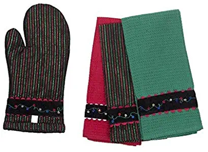 maspar 100% Cotton Kitchen Dish Towels (18x26) and Oven Mitt 4 Pk Set, Black Red and Green with Metallic Luster, Waffle Embroidery Design,for Everyday Kitchen