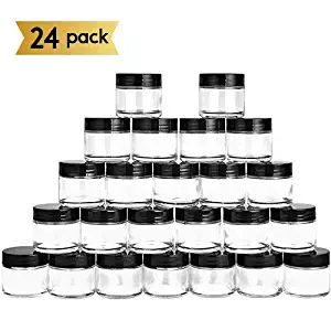 2oz Glass Jars 24 Pack, Hoa Kinh Mini Round Clear Glass Jars with Inner Liners and Black Lids, Perfect for Storing Lotions, Powders and Ointments.
