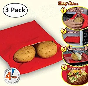 Magnoloran (3 Pack) Microwave Potato Bag, Corn, Day-old Bread, Tortillas Cooker Bag, Washable and Reusable, Red