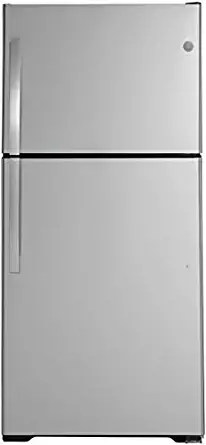 GE 33 Inch Freestanding Top Freezer Refrigerator with 21.93 cu. ft. Total Capacity, 2 Glass Shelves, Right Hinge with Reversible Doors, Crisper Drawer, Frost Free Defrost (Stainless Steel)
