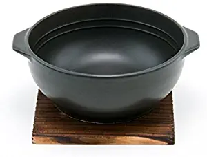 Quality Ceramic Stovetop Pot Bowl with Handle and Wood Base Casserole 32 fl oz Direct Heat Earthenware Noodle Rice Bibimbap Soon Tofu Soup Bowl Clay Pot Made in Japan NO LID (Black)