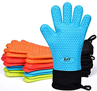 I&O BBQ Gloves Oven Mitts – Heat Resistant Grilling Gloves – Silicone Cooking Gloves – ColorfulLong Waterproof Mitts – Non-Slip Silicone Gloves – Double Layer Design – Multipurpose Oven Mitts (Blue)