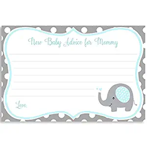 Elephant Baby Shower, Advice to Mommy, Boys, Polka Dots, Little Peanut, Blue, Aqua, Gray, Grey, It's a Boy, Sprinkle, Mommy to Be, Set of 24 Printed Note Cards, Polka Dot Elephant