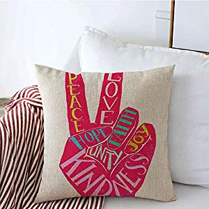 Decorative Throw Pillow Cushion Covers for Sofa Peace Sign Creative Lettering Symbol Hand Print Drawn Positive Abstract Contour Unity for Textures Linen Couch Square Pillow Cases 16x16 Inch