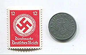 Rare Nazi Swastika 1 Reichspfennig German Coin World War 2 WW2 with ScarceSwastika Stamp(Random Color and Value) MNH