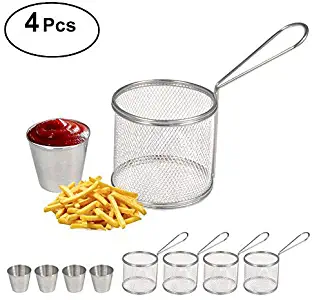 Pack of 4 Fry Basket, Round Stainless Steel Mini Fryer Strainer French Fries Chips Onion Rings Cooking Basket for Frying Steaming Straining Rinsing
