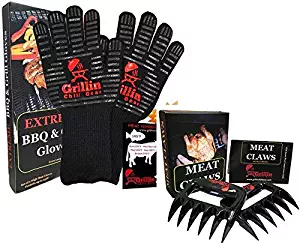 Grillin Chill Gear Meat Claws - Best Bear Claw Pulled Pork Meat Shredders in BBQ Grill Accessories +Extreme Heat Resistant Grill Gloves, Heavy Duty Aramid Fiber & Non Slip Silicone, Soft Cotton Liner