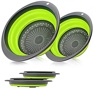 Colander Set - 2 Collapsible Colanders Set, Learja Food-Grade Silicone kitchen Strainer Space-Saver Folding Strainer Colander, Sizes 8 inches - 2 Quart, and 9.5 inches - 3 quart. (Green Colanders)