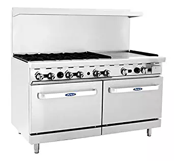 Atosa ATO-6B24G 60'' Gas Range. (6) Open Burners and 24'' Griddle on the RIGHT with Two 26'' 1/2 Wide Ovens