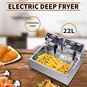 22L Electric Deep Fryer Tank Stainless Steel Chicken Chips Fryer with Removable Basket Scoop for Commercial Restaurant Countertop Family Food Cooking