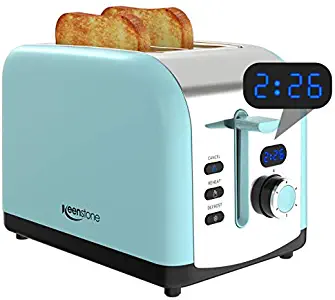 2 Slice Retro Toasters, Keenstone Stainless Steel Toaster with LED Timer Display and 1.5'' Wide Slot, Defrost/Reheat/Cancel Fuction, 6 Toasting Shade Settings, Removable Crumb Tray, Blue
