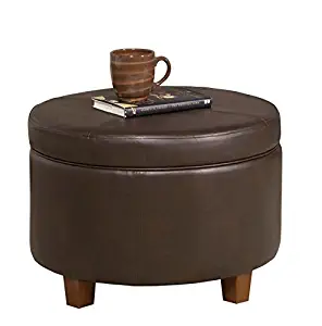 HomePop Round Leatherette Storage Ottoman with Lid, Chocolate Brown