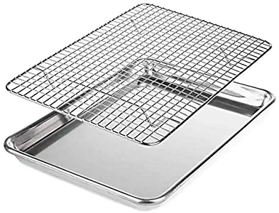 Oven Baking Sheet Pan and Stainless Steel Cooling Rack by KitchaPro - Aluminum Steel Pan & Wire Racks - Quarter Tray Kitchen Set - Nonstick - Used for Baking, Roasting, Cooking & Grilling