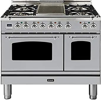 Ilve UPDN100FDMPIX Nostalgie Series 40 Inch Dual Fuel Convection Freestanding Range, 5 Sealed Brass Burners, 4 cu.ft. Total Oven Capacity in Stainless Steel, Chrome Trim (Natural Gas)