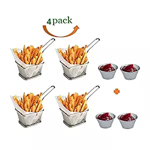 Mini Chips Fry Basket Stainless Steel Fryer Baskets Strainer French Fries Holder,Table Serving Food Presentation Tool With Bonus Sauce Cup (4)