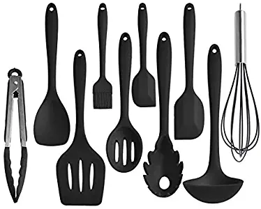 [10-Pieces] BPA Free Silicone Kitchen Utensils Heat Reistant Cooking Set, Made from Non-Stick material for cooking, Baking and Mixing. Dishwasher Safe for easy cleaning (Black Color)