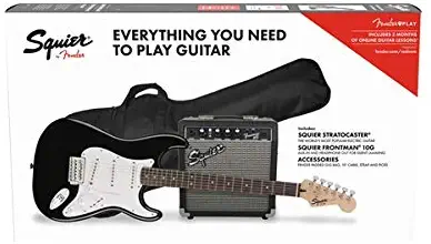 Squier by Fender Stratocaster Beginner Pack, Laurel Fingerboard, Black, with Gig Bag, Amp, Strap, Cable, Picks, and Fender Play
