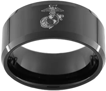 Custom Jewelry 10mm Black Tungsten Carbide Ring, One(1) USMC Marine Eagle Globe & Anchor Image (Full & Half Sizes 5-15)