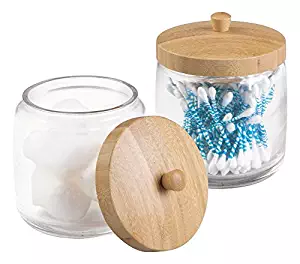 mDesign Glass Bathroom Vanity Storage Organizer Canister Jar for Cotton Balls, Swabs, Beauty Blenders, Makeup Sponges, Bath Salts, Hair Ties, Jewelry, 2 Pack - Clear Jar/Natural Bamboo Wood Lid